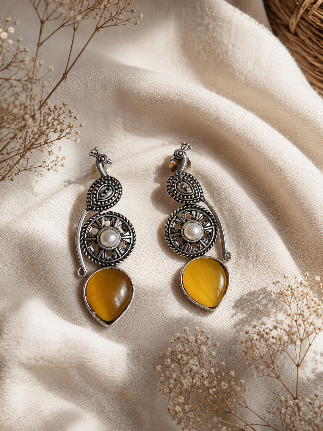 Charulata Peacock Yellow Monalisa Stone Stud