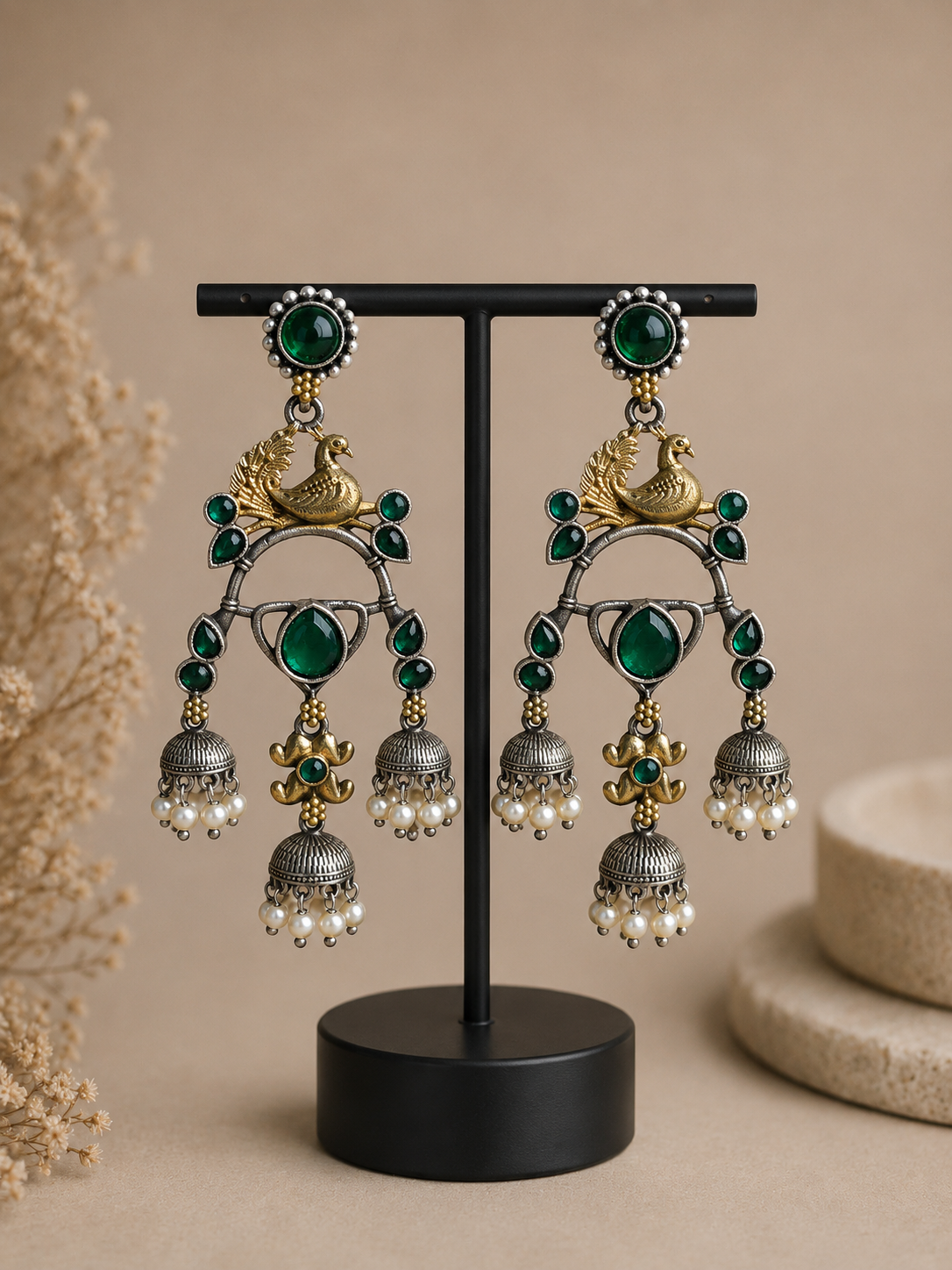 Charulata Peacock Motif Green Pearls Dual-Toned Three Jhumkas