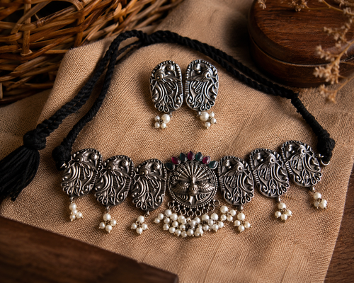 Charulata Antique Peacock Motif Multi Color Pachi Kundan and Pearl Choker Necklace Set With Earrings