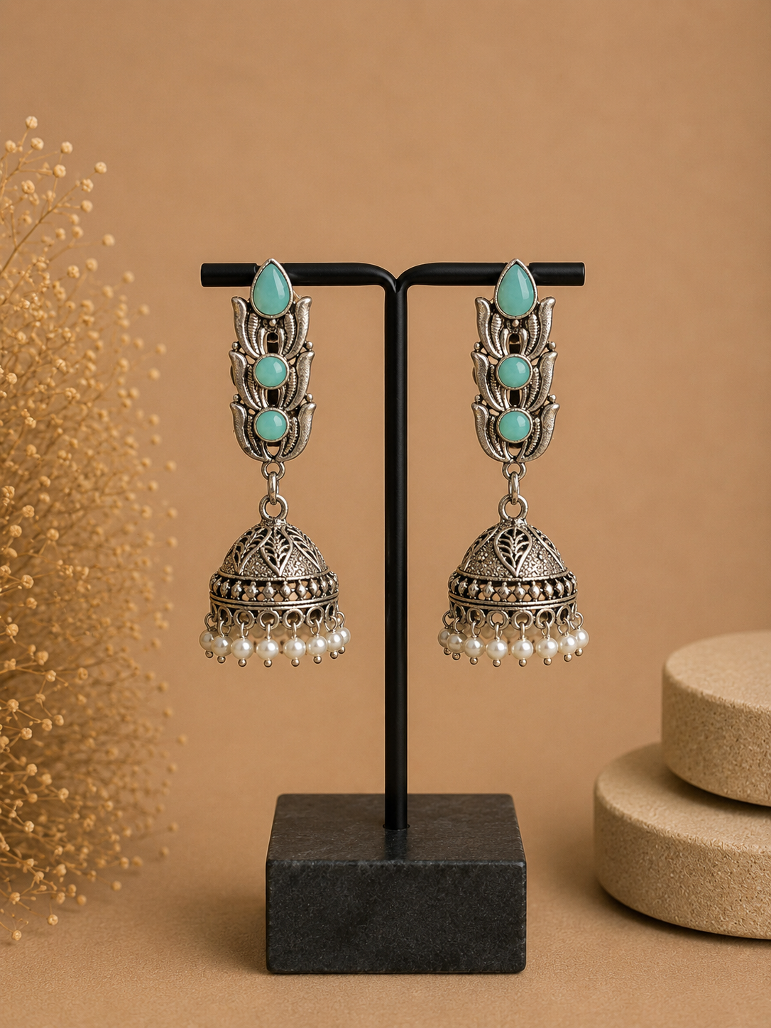 Charulata Antique   Turquoise Stones and Pearl Drop  Jhumka 
