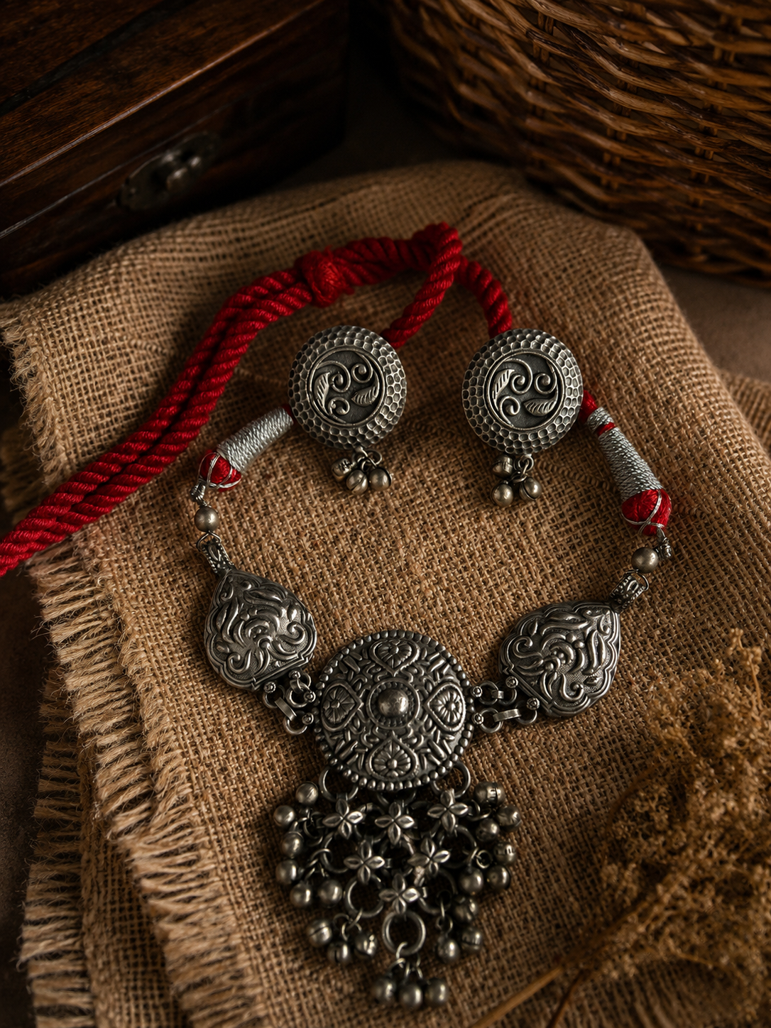 Charulata Antique Two Layered Floral Motif Choker with Ghungroo Necklace Set