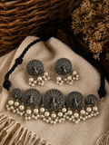 Charulata Antique Peacock and Pearl Choker Necklace Set With Earrings
