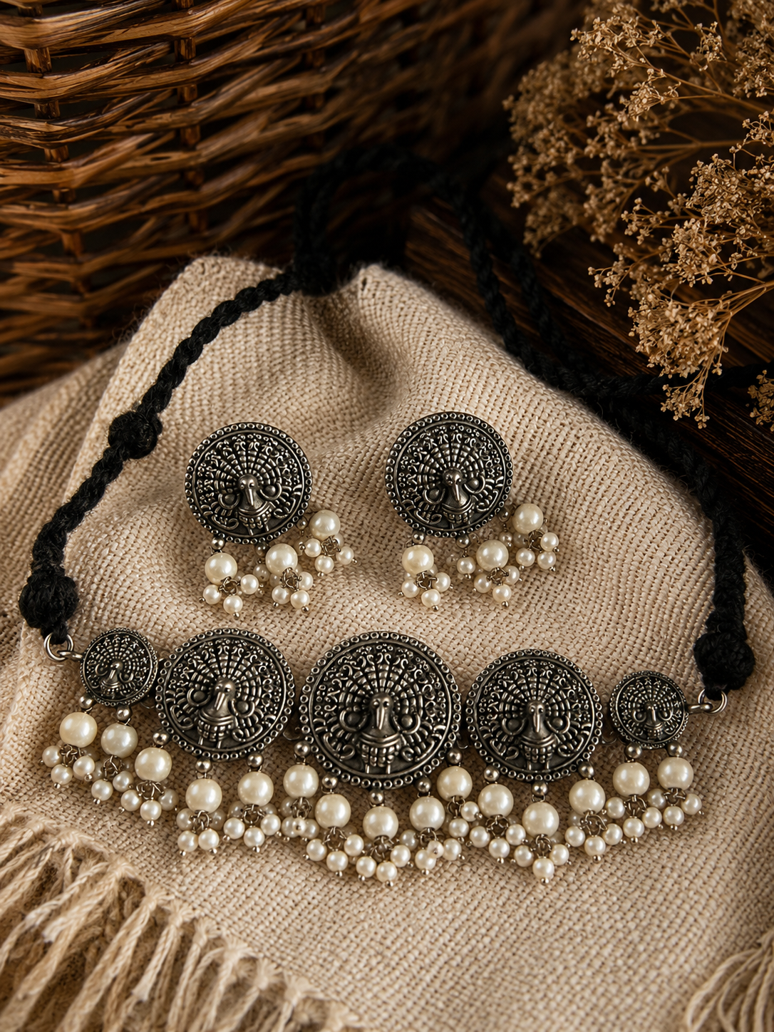 Charulata Antique Peacock and Pearl Choker Necklace Set With Earrings