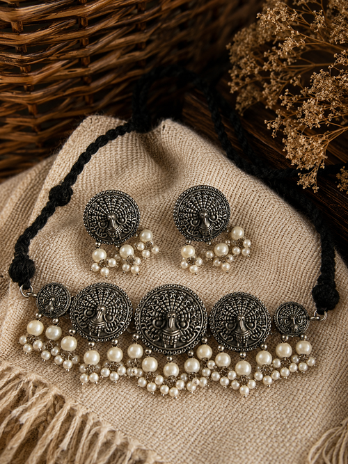 Charulata Antique Peacock and Pearl Choker Necklace Set With Earrings