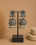 Charulata Black Stone Floral Silver Replica Two Elephant Faced Pearl Beaded Jhumka