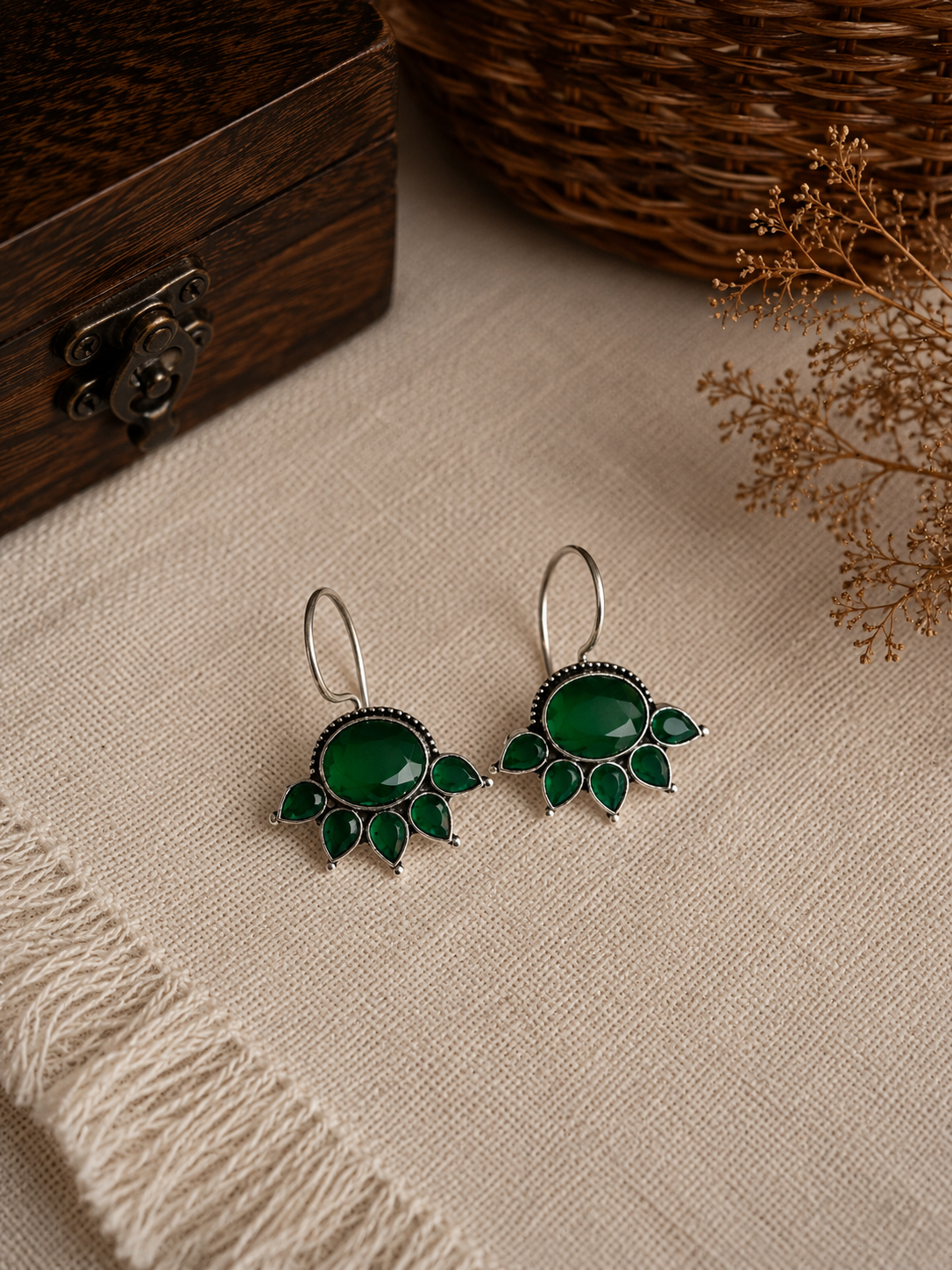 Charulata Anti Tarnish Diamond Cut Faux Emerald Hoop Earring