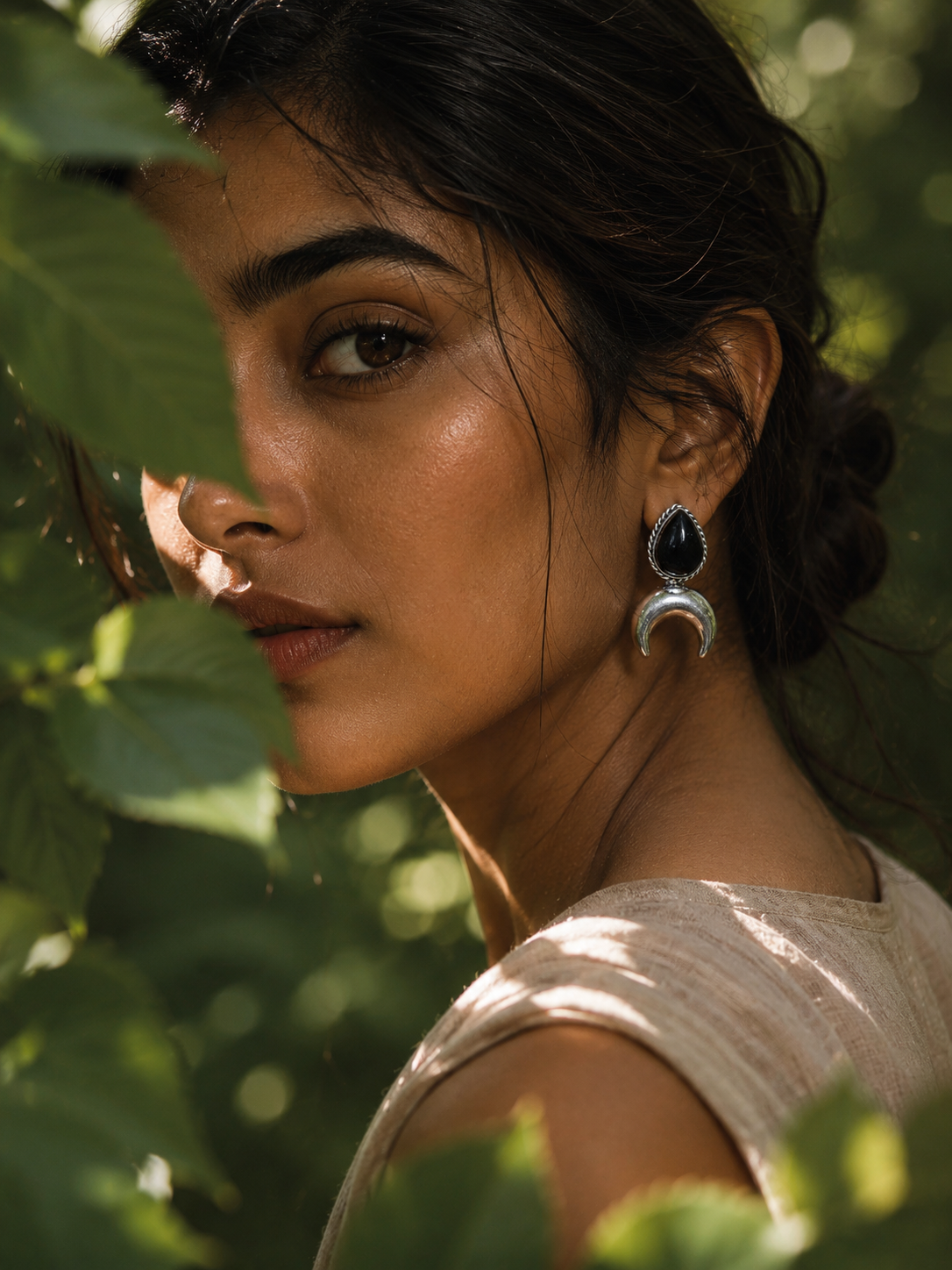 Elegant Moon Brass Silver Earrings with Blsck  Monalisa Stone