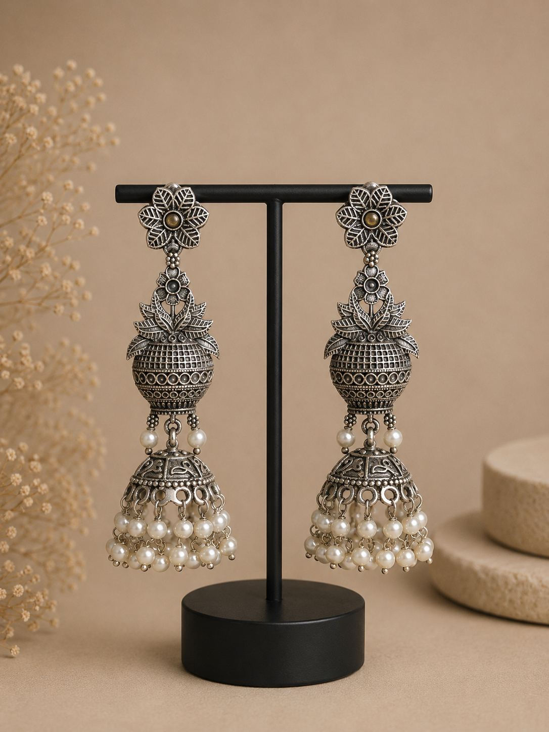Charulata Floral White Beaded Kalash Motif Jhumka