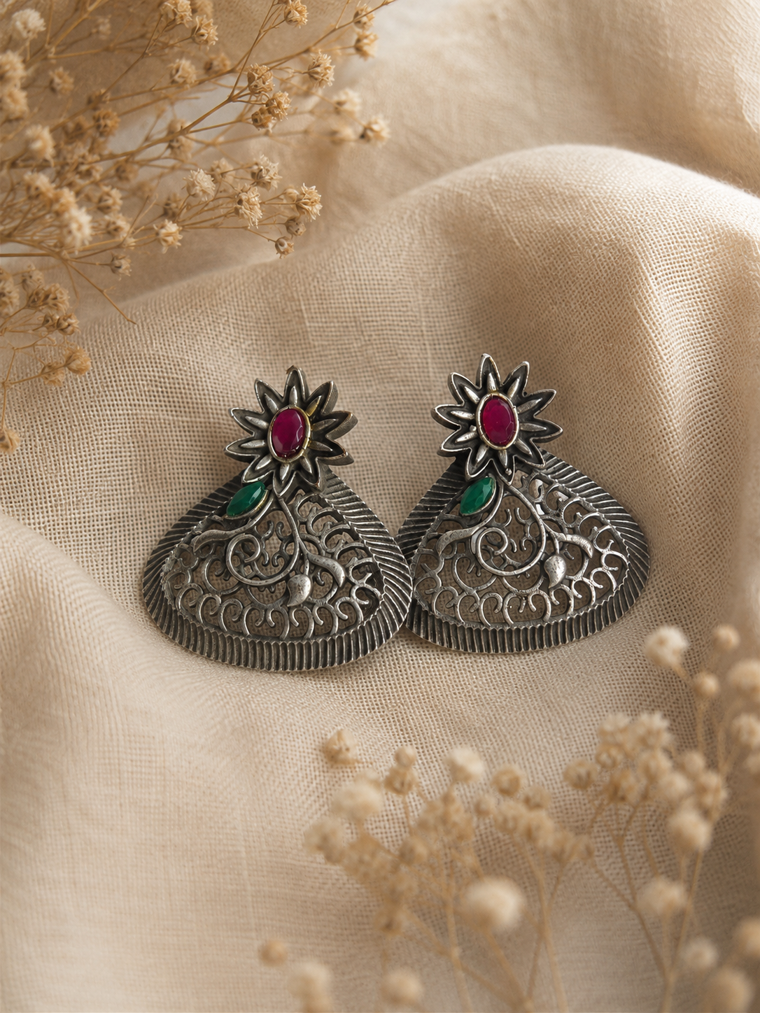 Charulata Red & Green Stone Stud