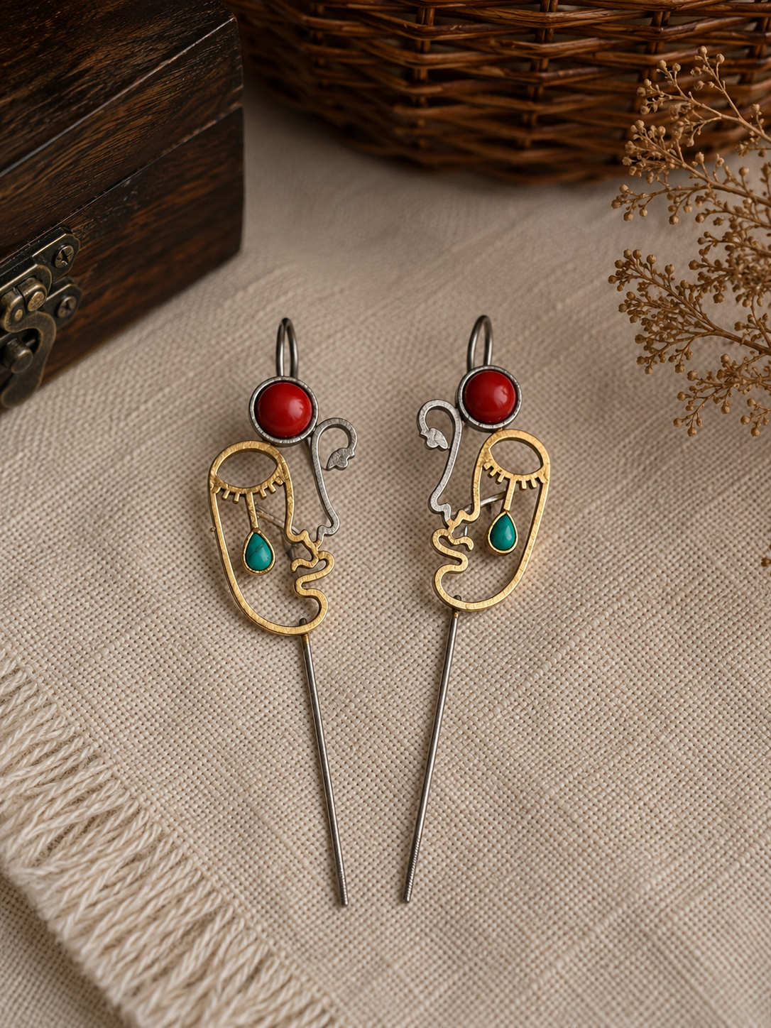 Charulata Turquise Dual Tone Picasso Muse Abstract Face Sculptural  Bugadi Earrings