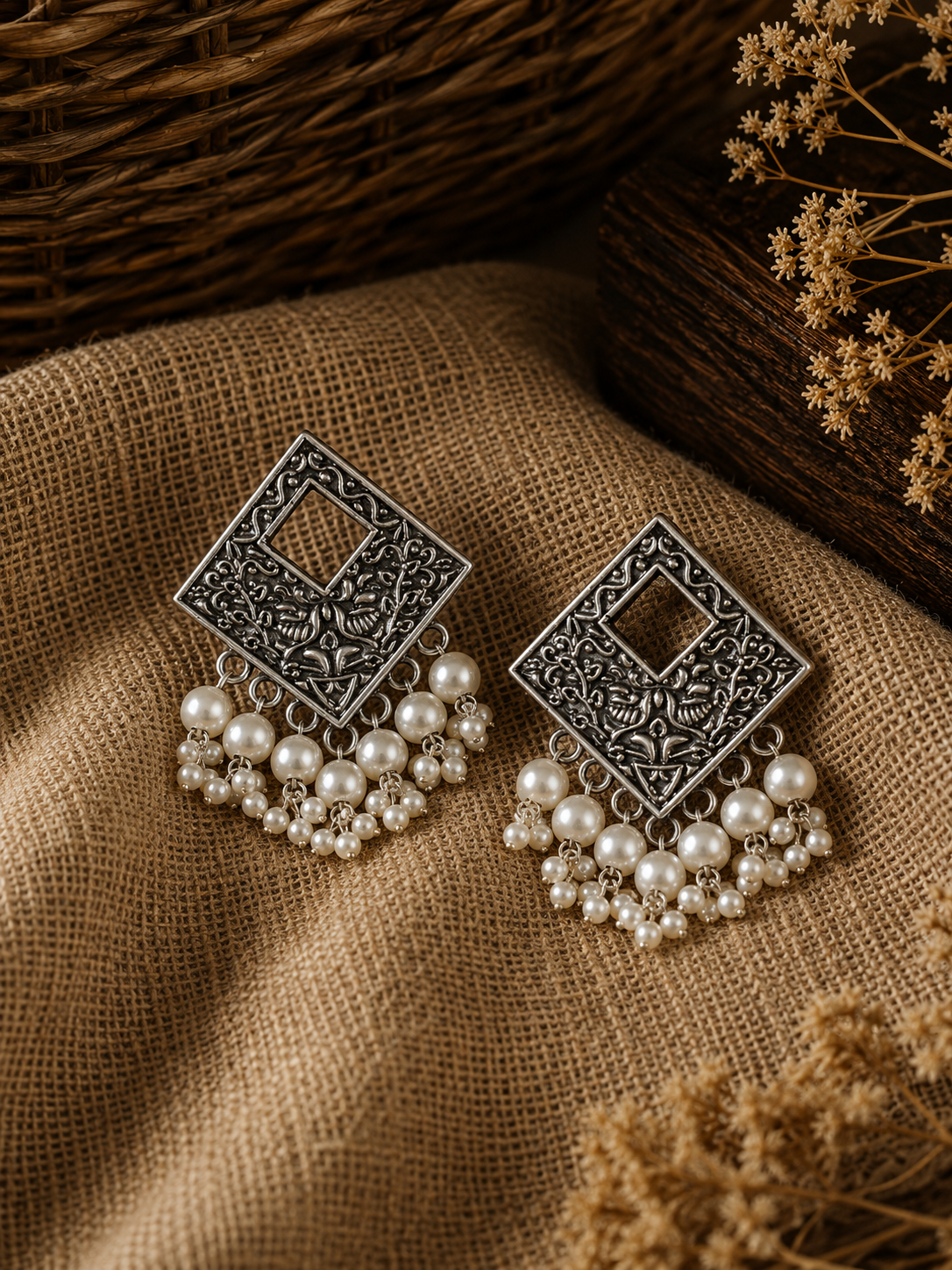 Charulata Square Shape  with Pearls  earring