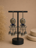 Charulata Dual Tone Blue And White Beads Studded Antique  Three Long Chain Jhumka