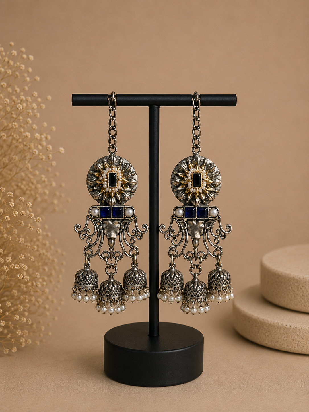 Charulata Dual Tone Blue And White Beads Studded Antique  Three Long Chain Jhumka