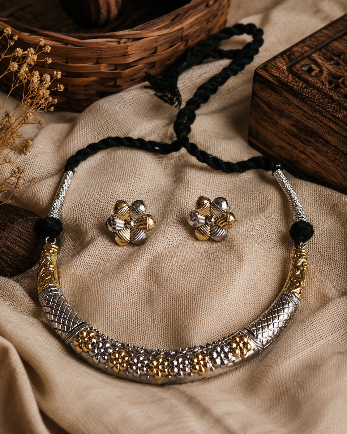 Charulata Antique Dual Tone Chitai Hasli Necklace Set