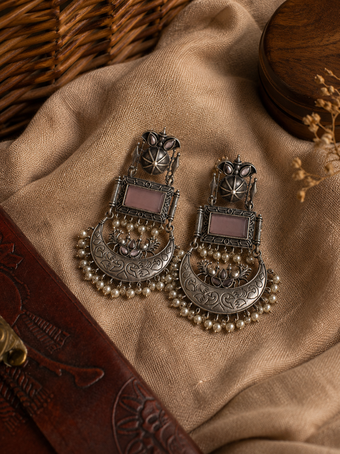 Charulata A Classic Pink Stones  Chandbali Earrings with Pearl  Beaded