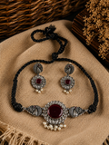 Charulata Silver Plated Red Stone Studded & Pearled Beaded  Peacock Shaped Necklace Set with Earrings
