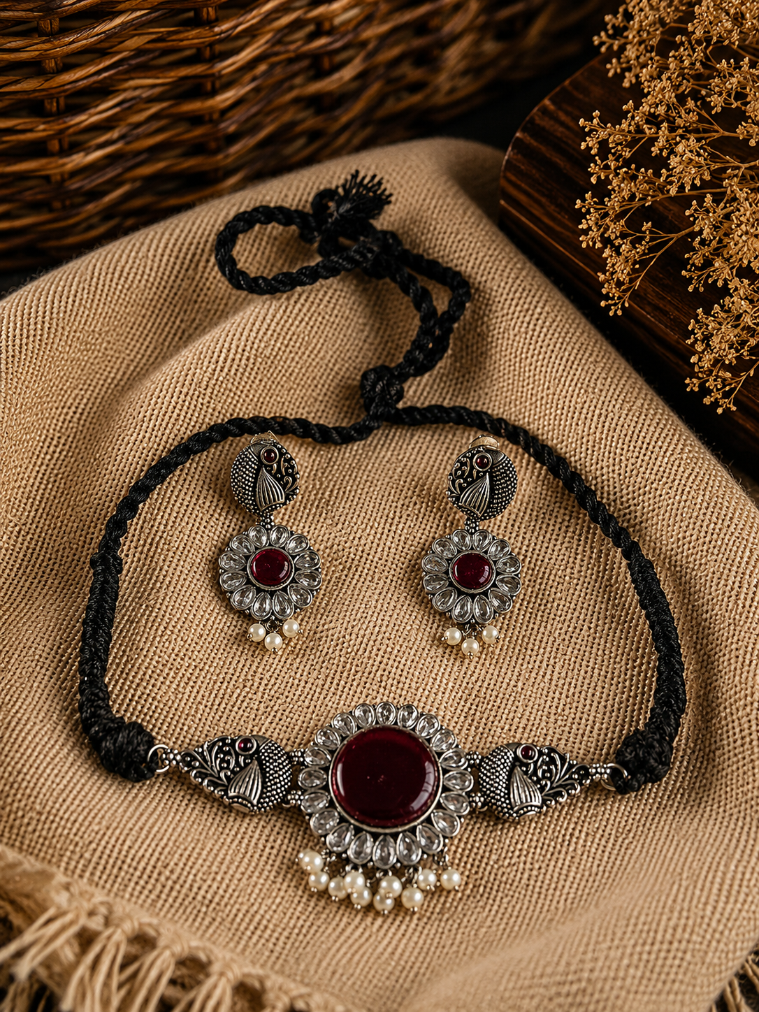 Charulata Silver Plated Red Stone Studded & Pearled Beaded  Peacock Shaped Necklace Set with Earrings