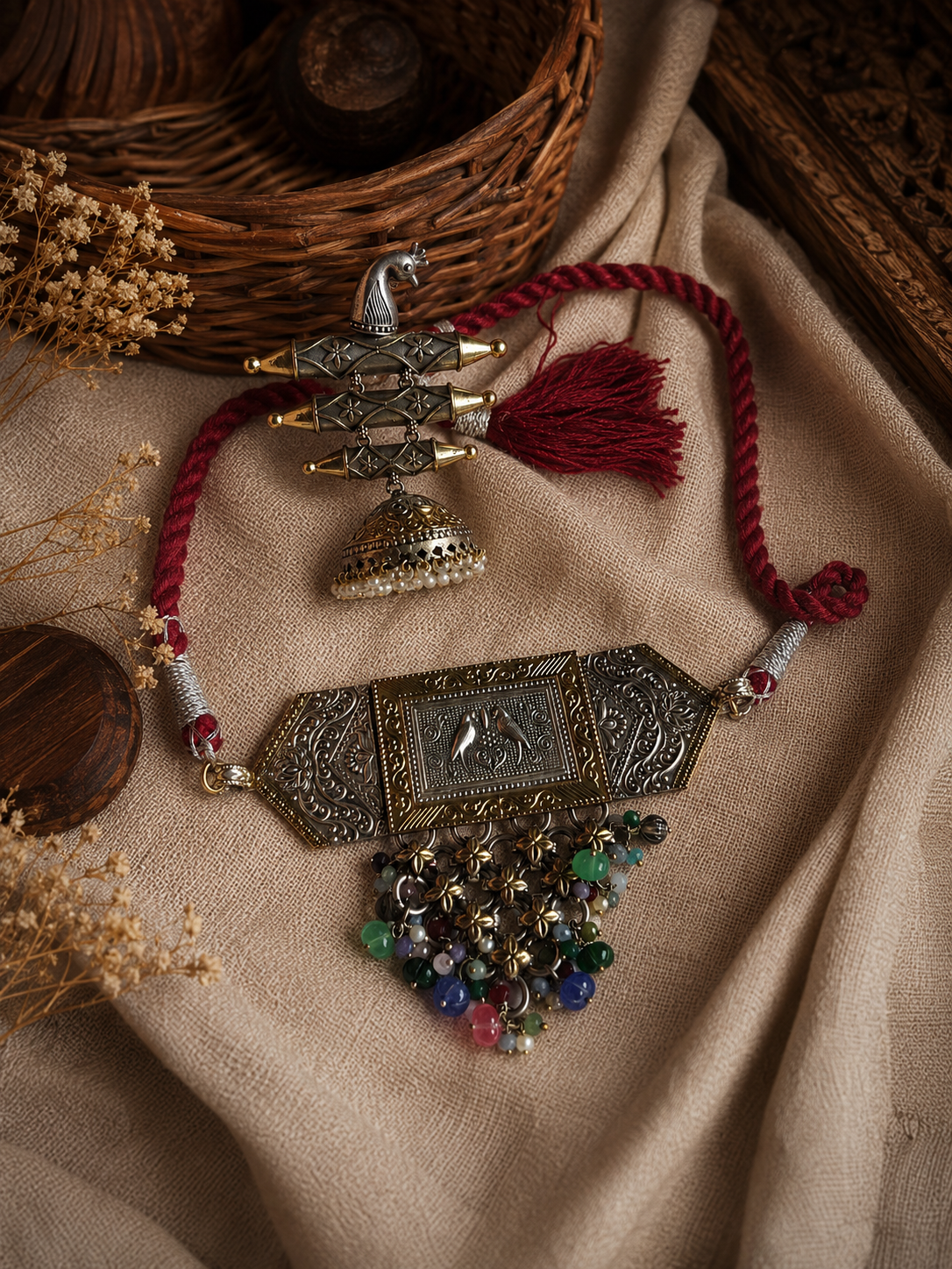 Charulata Dual Tone MultiColour Beads Studded Antique Choker Necklace Set with Peacock Three Layered Jhumka