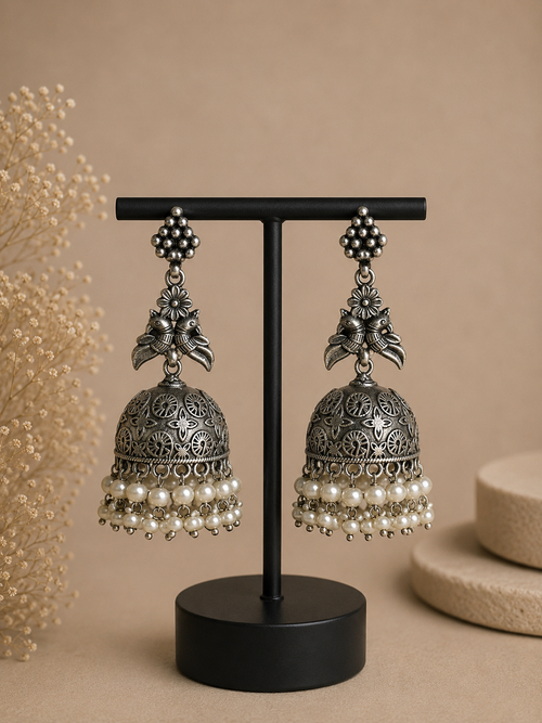 Charulata  Silver-Plated Pearled  Bird  Contemporary Jhumka