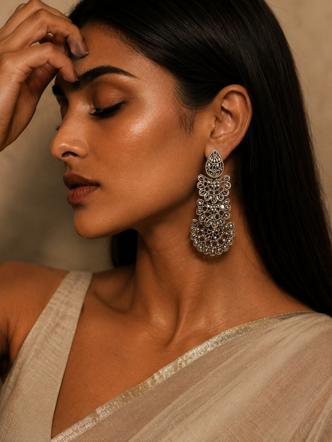 Silver Multi-Layered Chandbali Dangler Earrings