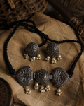 Charulata Floral  Silver Chitai Choker Necklace With Black Dori