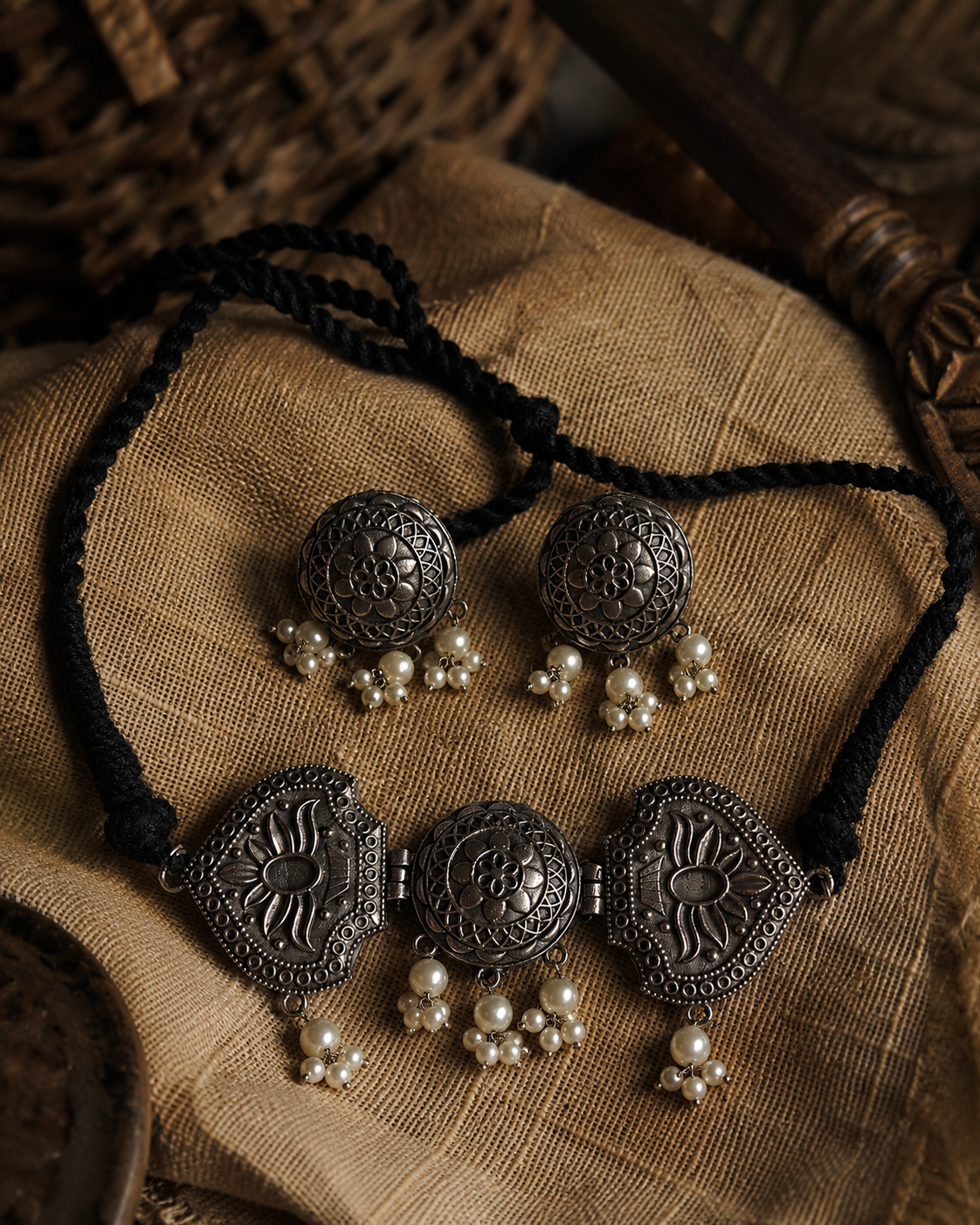 Charulata Floral  Silver Chitai Choker Necklace With Black Dori