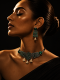 Charulata Green Stone Silver Brass Choker Necklace Set