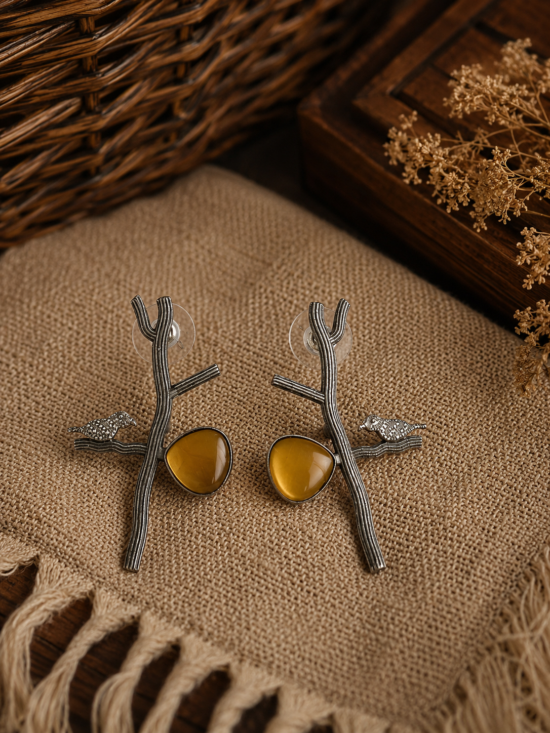 Charulata Bird on Silver Branch Design with  faux Yellow Topaz Stud Earring