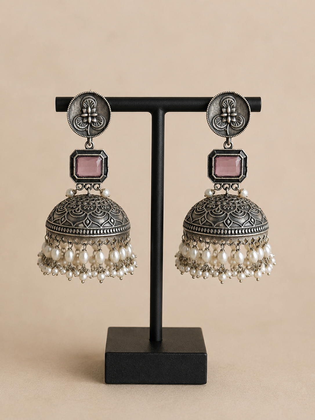 Charulata Three Leaf Pink Monalisa Stone Jhumka