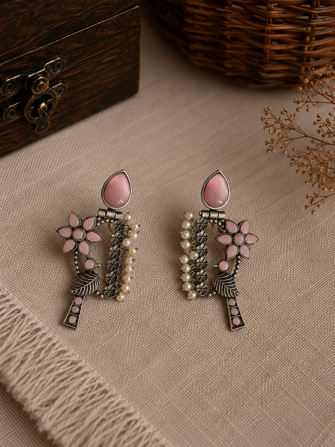 Charulata Elegant Indian Bird Pink Stone Work Pearls Beaded Dangler Earring