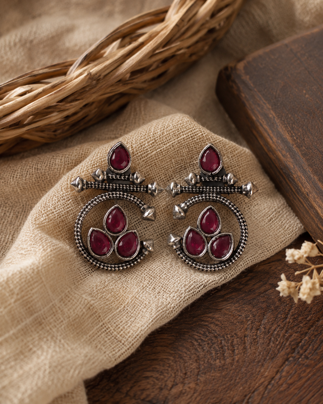 Charulata Silver Replica Geometrical Red Stud Earring
