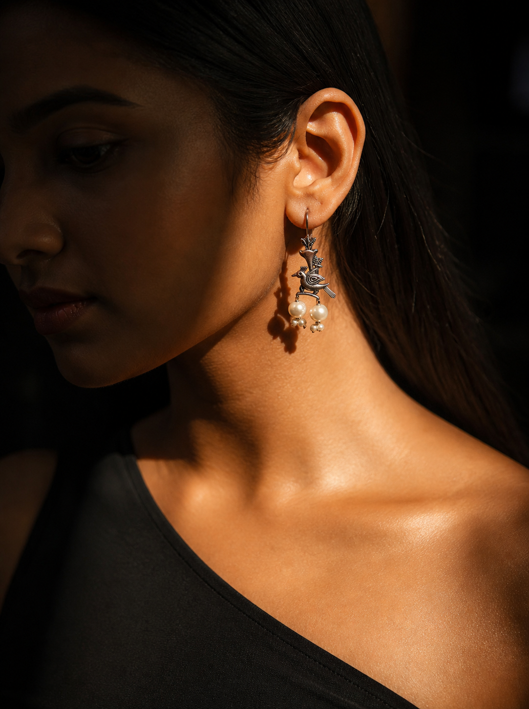 Charulata Bird Pearl Drop & Dangler Ethnic Earring for Women (Lightweight)