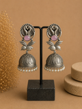 Charulata Elegant Pink Stone Cute Birds Indian Jhumka Silver Replica Ethnic Pearl Beaded