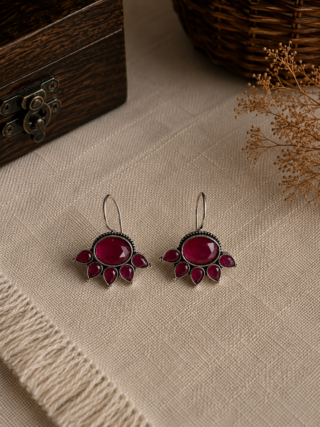 Charulata Anti Tarnish Diamond Cut Faux Ruby Hoop Earring