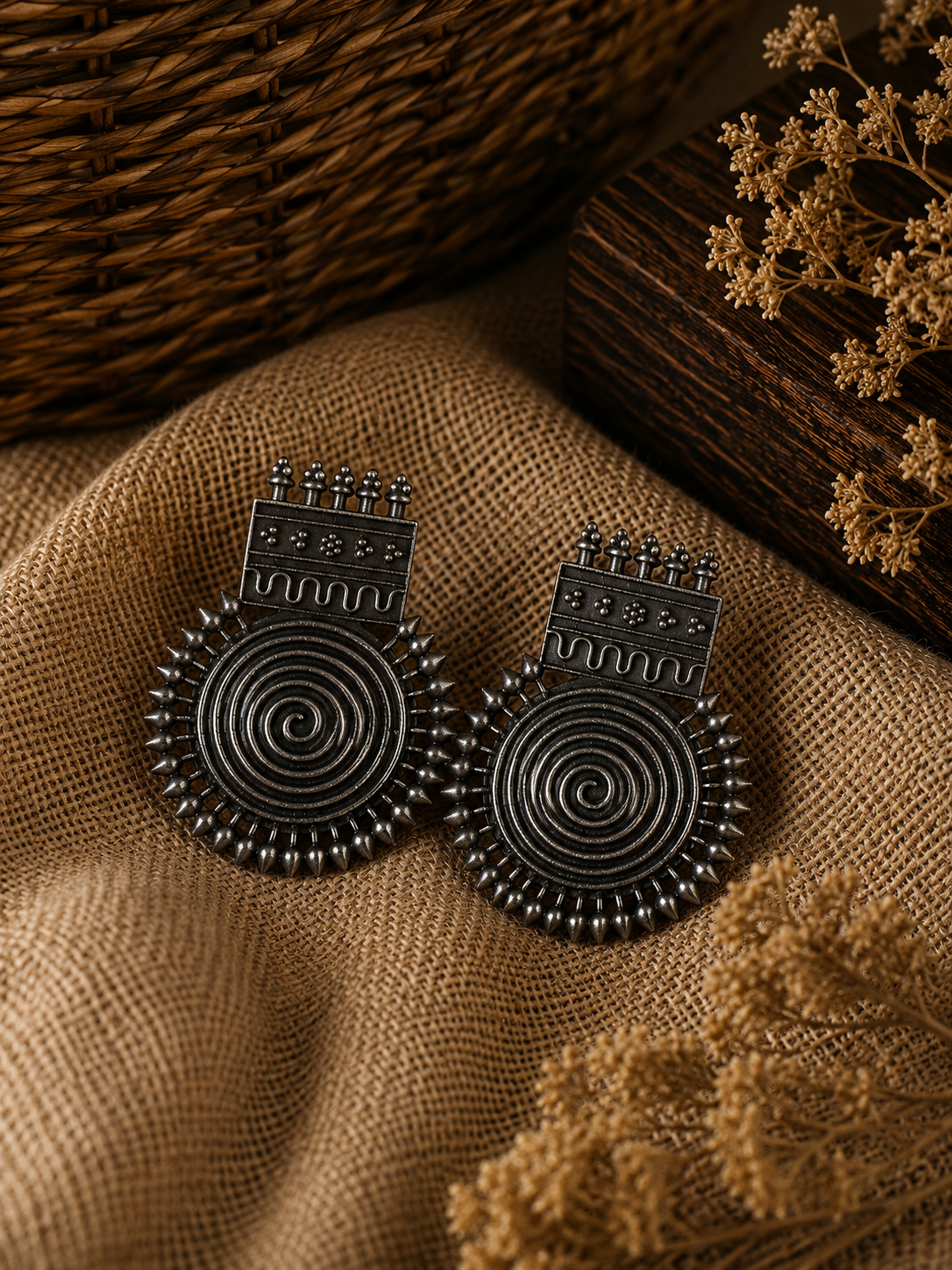 Silver Plated Brass Navratri Design Stud Earrings
