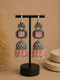Charulata Viral Baby Pink Stone Brass Silver Jhumkas with Pink Beads 