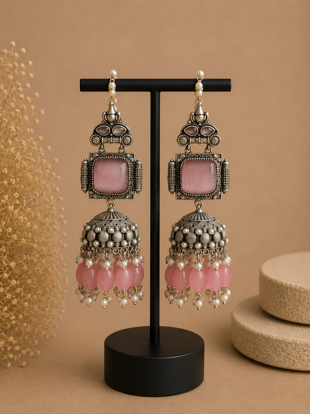 Charulata Viral Baby Pink Stone Brass Silver Jhumkas with Pink Beads 
