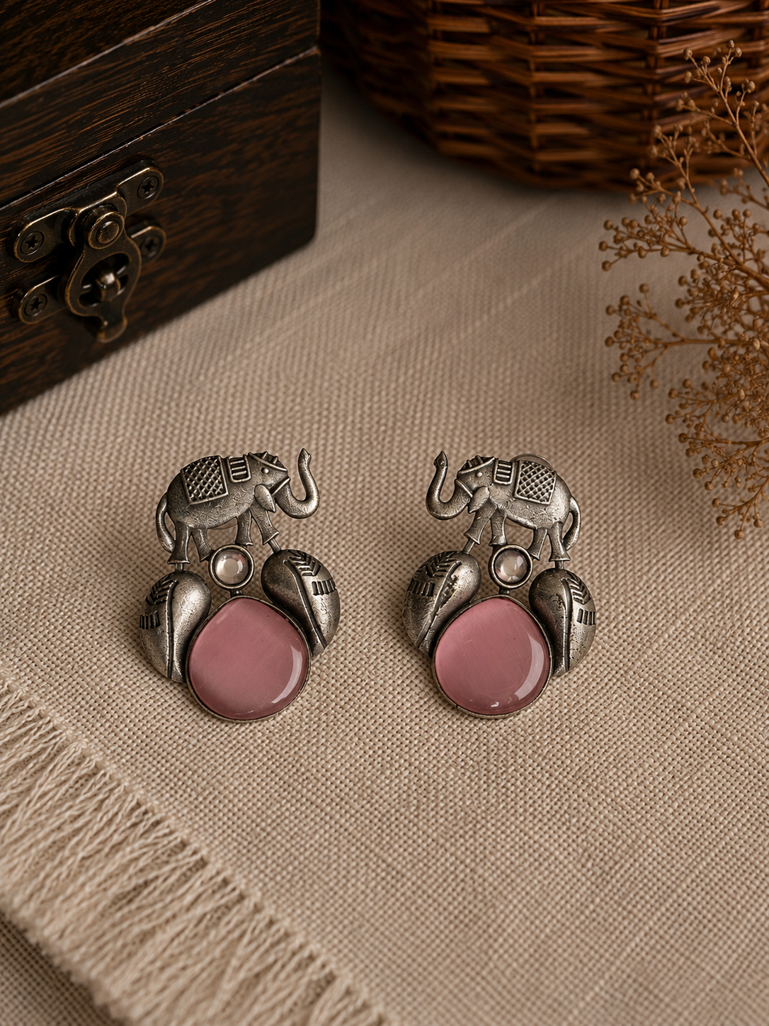Charulata Elephant Pink Stone Stud Earring: Trendy Silver Replica