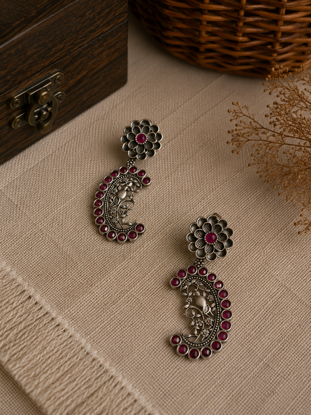 Charulata Half Moon Floral Ruby Stoned Flower Dangler Earring